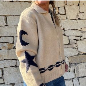 Beige and Navy Star and Moon Women's Sweater Jacket